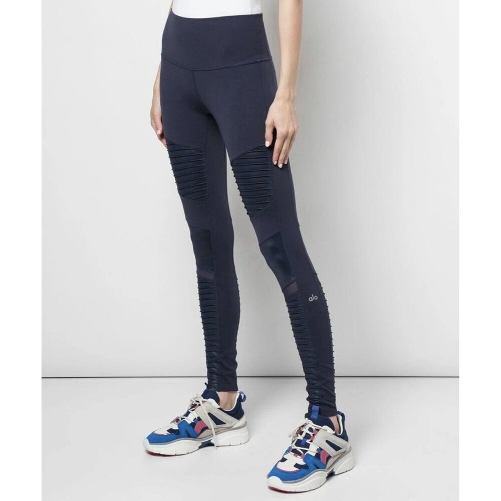 Alo Yoga Women’s Small Moto High Waist Leggings Blue Gray Mesh Panels
